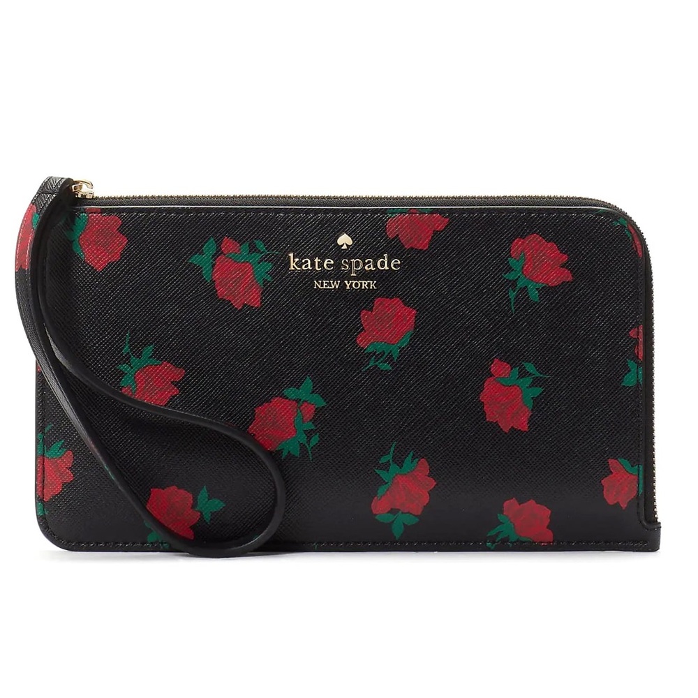 New with Tags! Kate Spade Black ditsy rose Wristlet with Red Floral Design